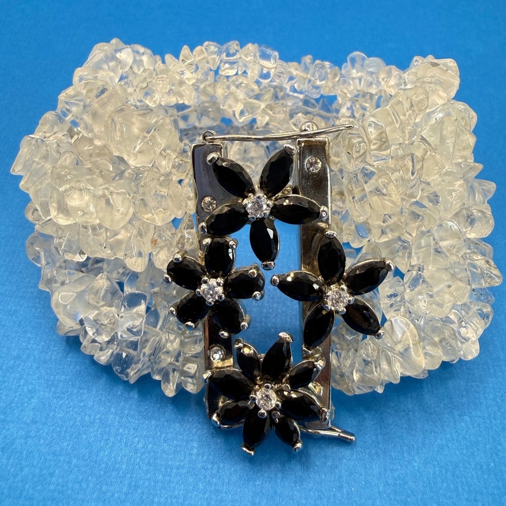 Clear Quartz Chip Multi Strand Bracelet Black Crystal Floral Clasp Silver Tone‎